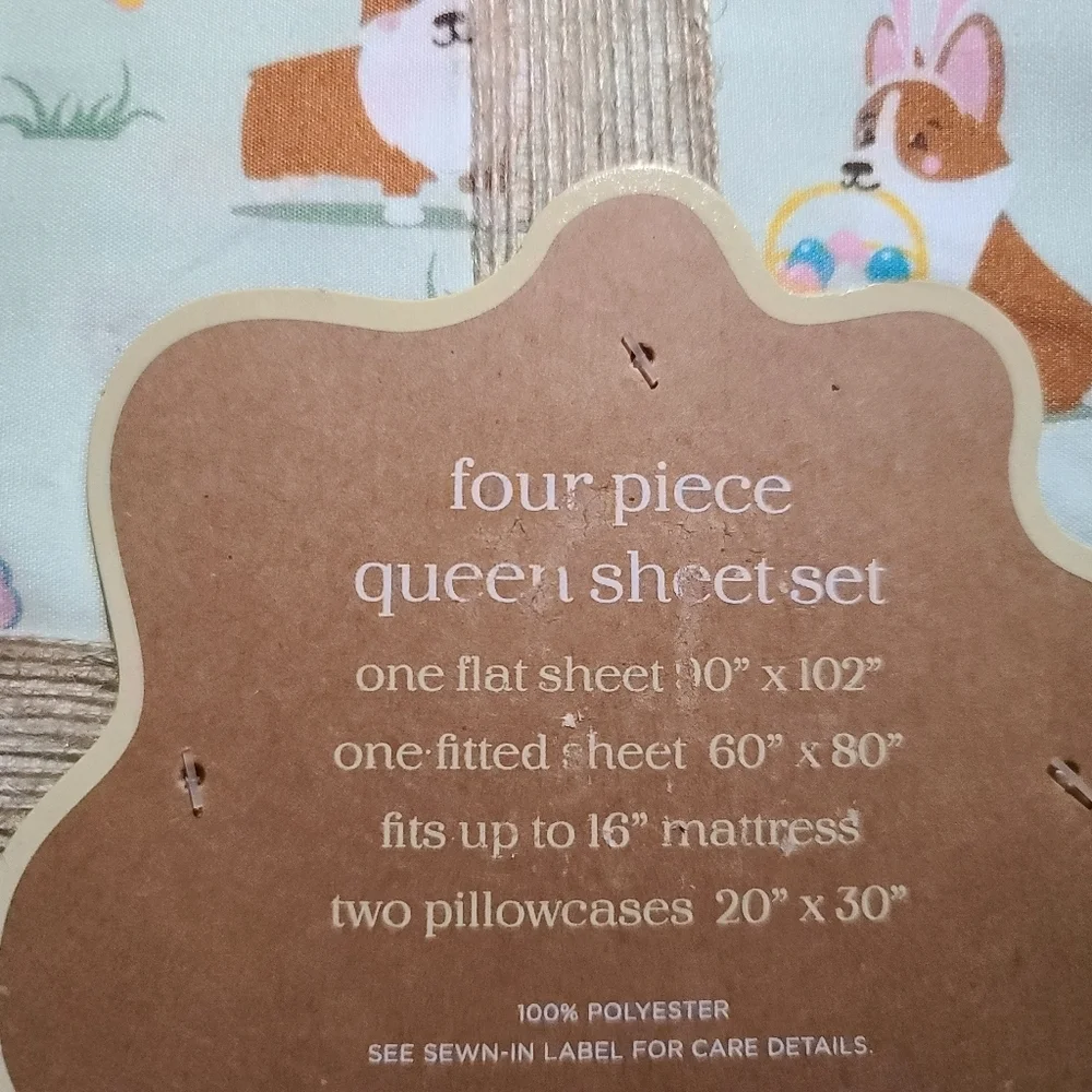 4pc Corgi Dog Easter Bunny Egg Basket Butterfly QUEEN Sheet Set Spring Bed Decor